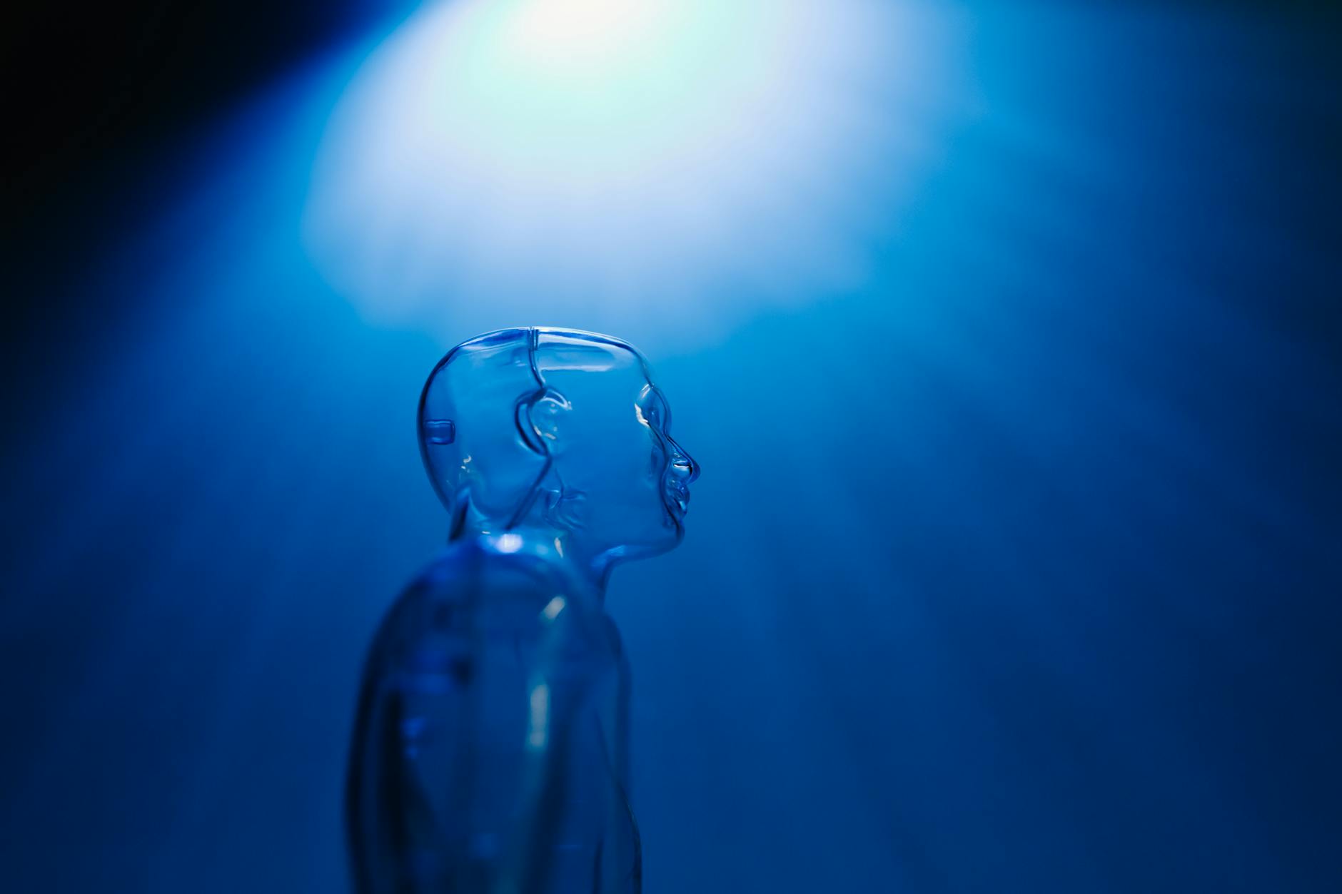 clear mannequin on dark blue background